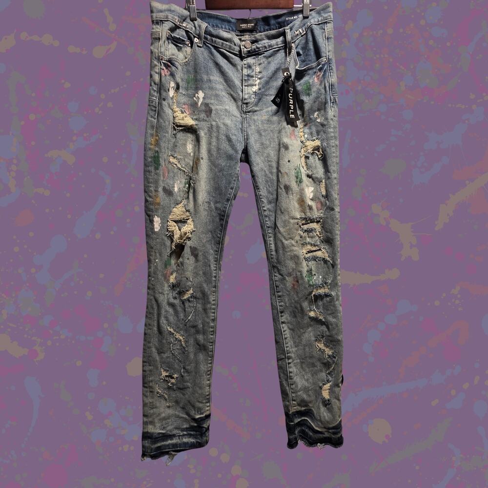 Purple Brand P001 Low Rise Slim Leg Paint Splatter Distressed Jeans - Size 40